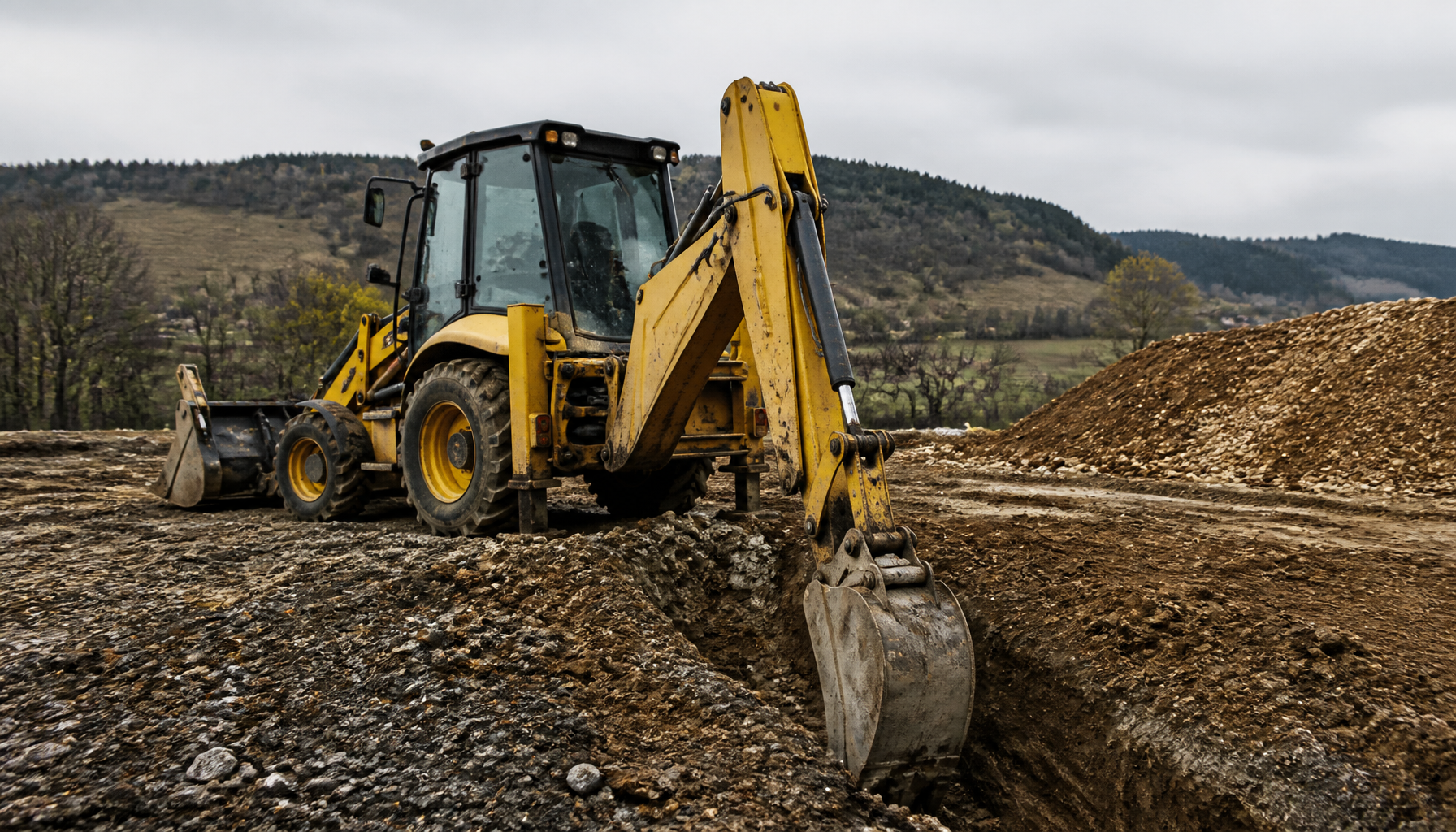 Traktorbagr JCB při zemních pracích na pozemku